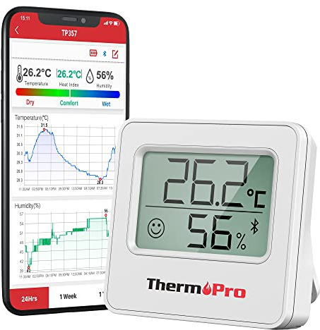ThermoPro TP357 80m Bluetooth Hygrometer Innen Raumthermometer Digital mit APP Mini Luftfeuchtigkeitsmesser mit Smiley-Indikator Datengrafik für Innenraum, Büro, Weinkeller, Gewächshaus