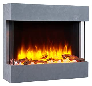 BALDERIA Elektrokamin Alva | Elektrischer Wandkamin mit 3D-Flammeneffekt | Elektro Heizung 2000 W, LED-Beleuchtung | Fernbedienung, Startsteuerung, Timer & Thermostat | Betongrau