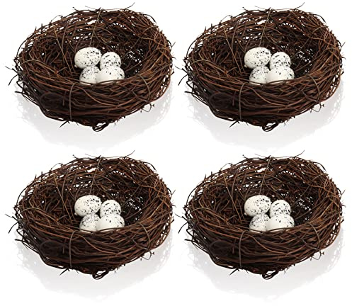 Yisscen Künstliches Vogelnest mit Vogeleier, Ostereier Basteln Deko Enthalten 4 Stück Rattan Osternest + 16 Stück Deko Vogeleier, für Ostern, Geburtstagsparty, Wohnzimmer, Tischdeko, Gartendeko