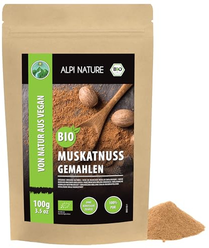 Alpi Nature Nuez Moscada Orgánica Molida 100g, Especia de Nuez Moscada en Polvo para Cocinar y Hornear