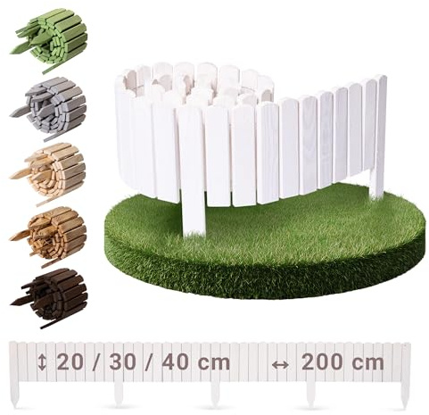 BOOGARDI rabattinfattning trä – gräskant i 18 mönster – vit 20 cm hög x 200 cm lång – rabattgräns, insatsstaket, rabattkant, rullstaket, trästaket, trädgård