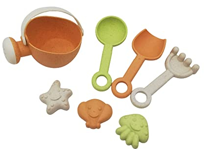 alldoro 60176 Mon Premier Jouet de Sable 7 pièces, avec arrosoir, Pelle, râteau, cuillère et 3 Petits moules à Sable, mélange de Plastique et de Paille de blé, Enfants à partir de 18 Mois