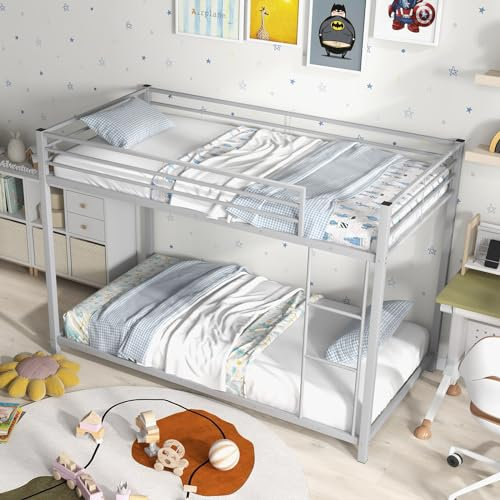 Giantex Twin Over Twin Metal Bunk Beds, Heavy Duty Bed Frame with Safety Guard Rail & Ladder, Low Floor Bunk Bed for Boys Girls Adults Dormitory Bedroom, Noise Free, No Box Spring Needed (Silver)