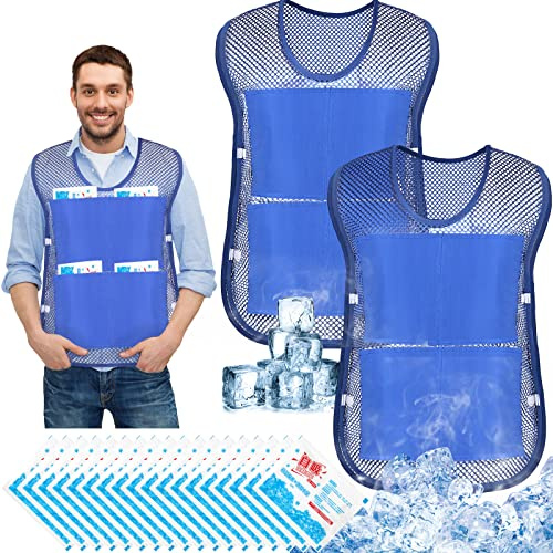 Mepase Lot de 2 gilets rafraîchissants pour hommes, femmes, adolescents avec 16 blocs de glace, veste d'été rafraîchissante avec poches pour le travail en plein air sous la chaleur, la pêche, la
