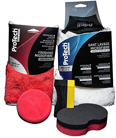 ProTech Monte-Carlo - Pack Complet Accessoires Detailling - Gant de Lavage - Microfibre 1K - Applicateur Pneus - Pad de Rénovation - Mousse Ronde - Nettoyage Intégrale avec Précision