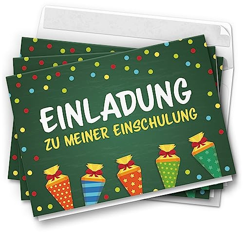 10 Einladungskarten Einschulung mit Umschlag Erste Klasse 1. Schultag Schule Klappkarten Design Schultüte