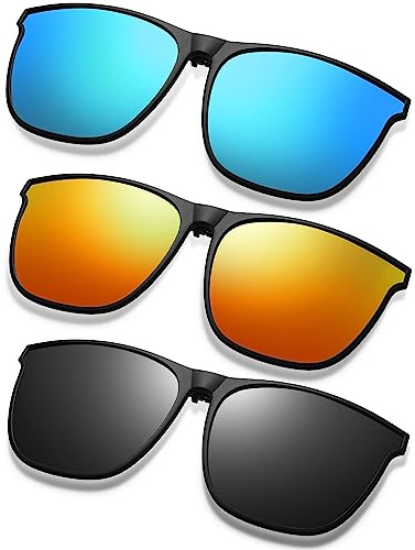 Frienda 3 Pair Oversize Clip-on Sunglasses Large TR90 Frame Flip up Driving Glasses for Women Men(Black Gray, Blue Green, Red)