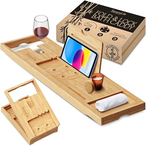 SereneLife Portaoggetti Bagno in Bambù con Design Pieghevole e Bloccabile, Espandibile da 76 Centimetri a 109 Centimetri, Facile da Riporre, Cerniere Pieghevoli