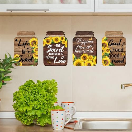 sacinora Wandaufkleber mit Sonnenblumen-Gewürzgläsern, 8 Bögen, Küchenzitate, Utensilien, DIY-Wandaufkleber, abnehmbares Vinyl, abziehen und aufkleben, für Küche, Esszimmer, Restaurant, Backzimmer,