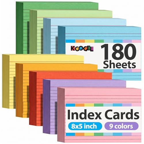 Koogel 180PCS Large Colored Index Cards, 5x8 Inch Lined Index Neon Colored Flash Cards with Both Sides Notecards for Back To School Studying School Classroom Note Taking Recipes Supplies