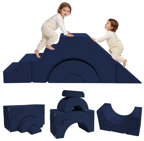 MeMoreCool Kids Play Sofa, Foam Modular Climbing Toddler Chair Couch, Sectional Baby Couch Slide & Stair, Convertible Children Sofa Playroom Furniture, Navy