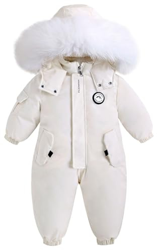 BRONG Enfant Habit de Neige Barboteuse Garçons Combinaison de Ski Hiver Chaud Neige Toison Veste Étanche Amovible Col de Fourrure Coupe-Vent Tenues Blanc 2-3 Ans