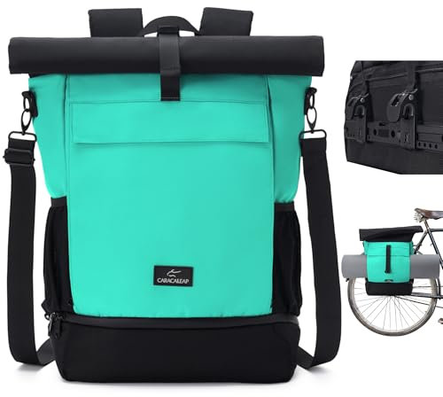 Caracaleap 3 in 1 Urban Fahrradtasche Rucksack für Gepäckträger Damen & Herren, Fahrrad Tasche Rucksack & Gepäckträgertasche Wasserabweisend Fahrradtasche mit Schuhfach Laptopfach Schwarz Mintgrün