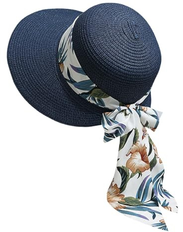 Stroh-Sonnenhut für Damen, Faltbarer Floppy-Strohhut, breite Krempe, Sommer-Strandhut mit Schleife, Sonnenhüte für Damen, Outdoor, Reisen, Urlaub, UPF 50+ Leicht Sommerhut