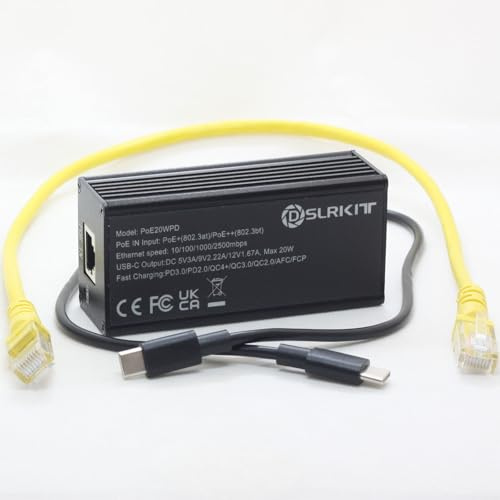 DSLRKIT 2,5 Gbit/s PoE-Splitter und Passthrough-Adapter auf USB Typ-C 20 W PD3.0 PPS QC 4+/3.0 802.3at | Kompatibel mit Echo Hub, iPad und anderen Tablets