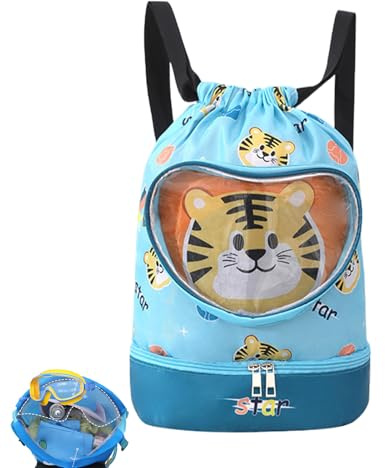 Genérico Bolsa de Natación para Niños Bolsa De Natación Para Chicos | Bolsa Ligera Con Dibujos Animados, Cierre De Cordón Y Compartimento Seco/Húmedo Para Piscina, Gimnasio, Viajes, Escuela,