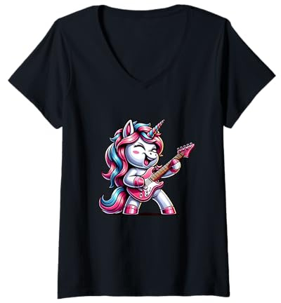 Femme Licorne Rock E-Guitar Mélodie Magique T-Shirt avec Col en V