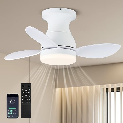 LEONTYNE 58 cm Small Ceiling Fan with Light, Large Airflow Ultra Quiet Dimmable LED, App & Remote Control,6 Speed Reversible DC Motor, Low Profile Fan Light Ceiling for Bedroom Living Room Kitchen