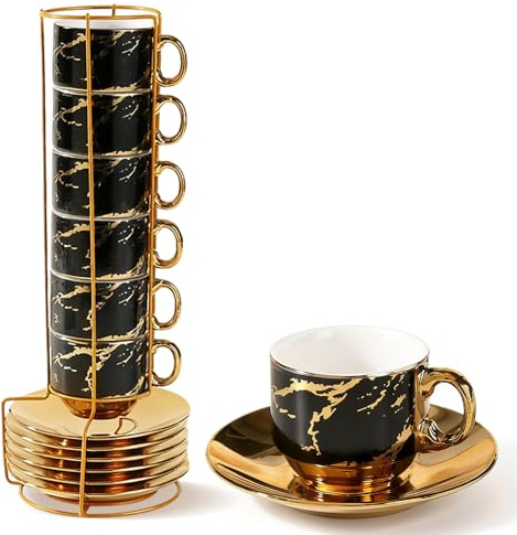 Wxeadu Tazze da Caffè in Ceramica, Set di 6 Tazzine da Espresso con Supporto in Metallo, 80ml Tazzine Caffe Impilabili con Piatti, Set Tazzine da Caffè in Porcellana per Espresso, Cappuccino, Latte