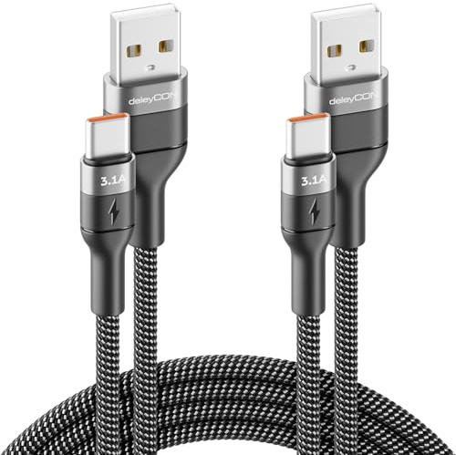 deleyCON 2x 2m USB C Kabel 3.1A Laddkabel Datakabel USB-A till USB-C Cable för iPhone 17 16 15 Pro Max Air Galaxy A16 A56 S26 S25 S24 S23 Pixel iPad Pro MacBook AirPods Surfplatta Switch PS5