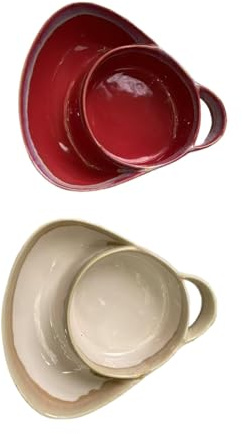Soup and Side Bowl Plate Ceramic, Chip and Dip Divided Bowls, Anti-Soggy Cereal Bowl Bread Dipping Bowls Plates for Salad Breakfast, and Sandwich Ideal for Home and Restaurant (Red+White)