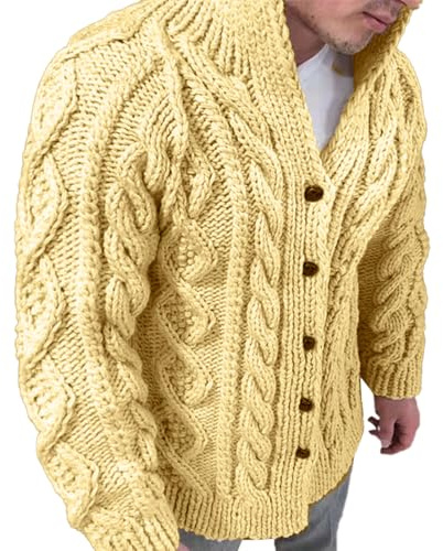 Caxndycing Chaqueta de invierno para hombre de mezcla de lana, cárdigan de punto con cierre de botones y bolsillos, punto fino con cuello en V, patrón trenzado, suéter de punto grueso
