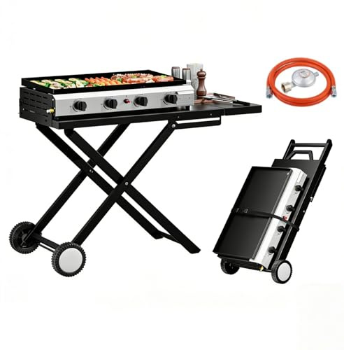 LEADZM Gasgrill Tragbarer 4 Brenner 9.6 kW Grill klappbar, Ausgestattet mit einem Druckminderungsventil - leicht zu verstauen