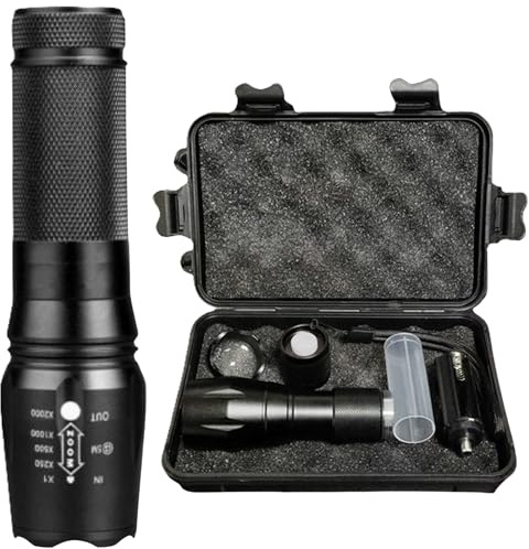 Generico Torcia LED potente fino a 200 metri di portata con zoom regolabile, 5 modalità inclusa SOS, resistente agli spruzzi IPX4, kit in custodia rigida
