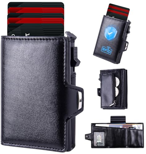 Plånbok för män med myntfack, Slim Wallet med RFID-skydd, Smart Wallet pop-up kortfodral för 8 kort, plånbok med ID-fönster och sedelfack (Svart)
