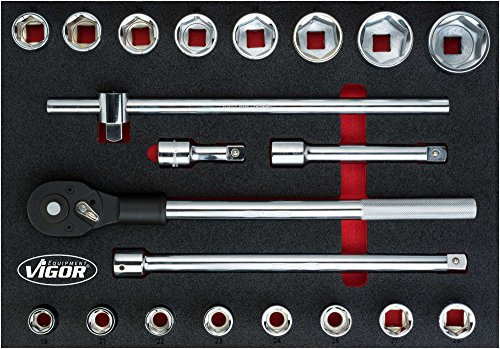 VIGOR Steckschlüssel-Satz, V5109, 3/4″, Außenprofil Sechskant, 21-teilig | 3/4 Zoll (20 mm) Vierkant hohl, Antrieb 3/4 Zoll (20 mm) Vierkant hohl, Abtrieb Außenprofil Sechskant, Länge 563 mm, 16200 g