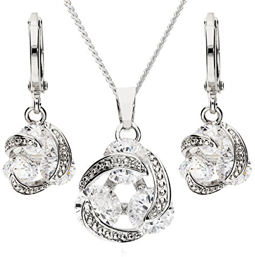 MYA art Damen Kette Ohrringe Set 925 Silber Infinity Anhänger mit Zirkonia Strass Stein Halskette Collier Creolen Hängend Schmuckset MYASIKET-82