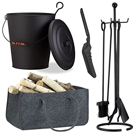 Relaxdays 8 TLG. Kamin-Komplettset, Ascheeimer, Kohlenschaufel, Kaminholztasche, Kaminbesteck, Stahl, Filz, schwarz/anthrazit