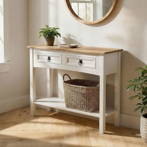 IDIMEX Console Campo Meuble Style Mexicain, Table Console Fabriquée en Pin Massif, 2 Tiroirs, 1 Étagère, Poignées en Métal, Console Finition lasurée Blanche
