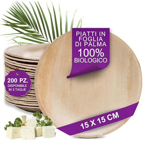 Waipur 200 Platos Desechables de Hoja de Palma Orgánicos - Redondo Ø 15 cm - Vajilla Ecológica - Estable, Natural y Compostable - Elegantes para Fiestas - Estilo Madera