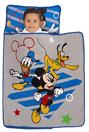 Disney Mickey Mouse Clubhouse Buddies - Tapete acolchado para siesta infantil con almohada integrada, manta de forro polar y etiqueta de nombre para guardería, jardín de infantes o viajes, gris, azul,