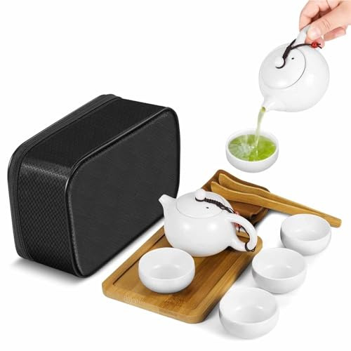 Flexzion Chinese Tea Set Traditional - Portable Travel Ceramic Japanese Tea Set - Vintage Kungfu Porcelain Gongfu Tea Set with Portable Bag for Travel, Home, Outdoor and Office (White Porcelain)