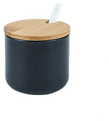 OnePine 260ml Zuccheriera in Ceramica, Contenitore per spezie barattoli spezie Rotonda con Coperchio e Cucchiaio, Design Elegante, per Casa e Cucina (Nero)