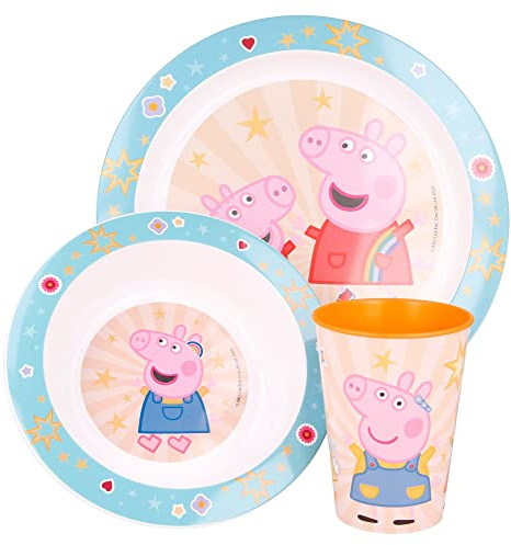 Peppa Pig 3pcs Reusable Premium Kids Dinner Tableware Set | Plastic Dinnerware Sets Includes Toddler Cups, Plates and Bowls, 100% Safe, BPA Free & Certified Food Safe (US/EU) Material