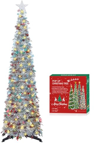 HMASYO Albero di Natale pop-up da 150 cm, con luci, pieghevole, con paillettes colorate, decorazioni per casa, appartamento, feste, interni ed esterni
