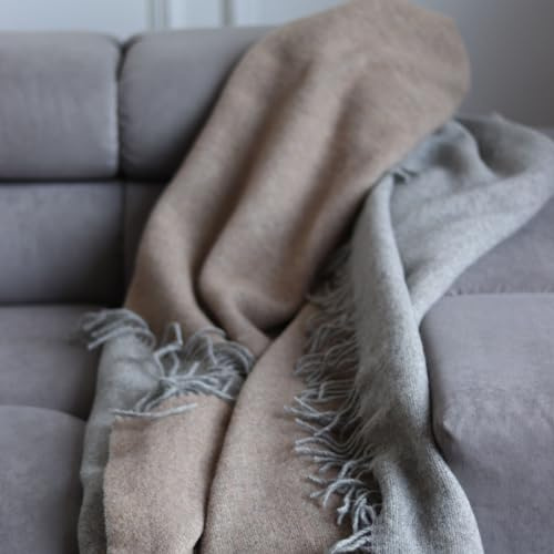 OT ECO Coperta Plaid 140x220 cm, Double Face, 100% Lana Vergine, Invernale, Bicolore Grigio/Beige, Stile Rustico, Caldo Morbido Copriletto, per Poltrona/Divano/Letto
