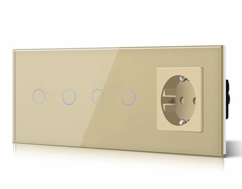 BSEED Interruptor táctil y enchufe pared,Panel de Vidrio con pulsador LED,Conmutador Modernos,Sin Función Wifi,2 Gang 1 Vía+2 Gang 1 Vía+1 Enchufe,228mm Oro
