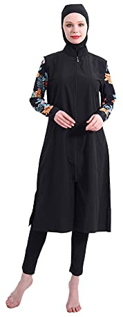 ABEUTY Baddräkt för damer muslimsk heldräkt plusstorlek långärmad burkini-tryck avtagbar hijab heltäckande blygsamma badkläder, Svart, XL