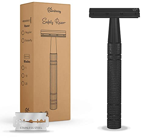 Bamboozy Rasierhobel für Damen und Herren - Safety Razor für Damen - Aluminium - Zero Waste - Double Edge Nassrasierer -(1 Rasierklinge, Schwarz)