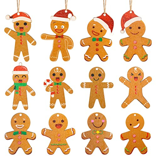12 Stück Lebkuchen Weihnachten Holzanhänger, Christbaumanhänger Holz Weihnachtsbaumschmuck, Weihnachtsbaum Anhänger mit Fäden Weihnachtsanhänger für Geschenkanhänger