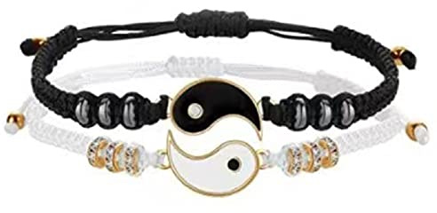 Lot de 2 bracelets Yin Yang pour couple vintage assortis avec cordon réglable noir et blanc, style chinois traditionnel, culture, potins, taichi