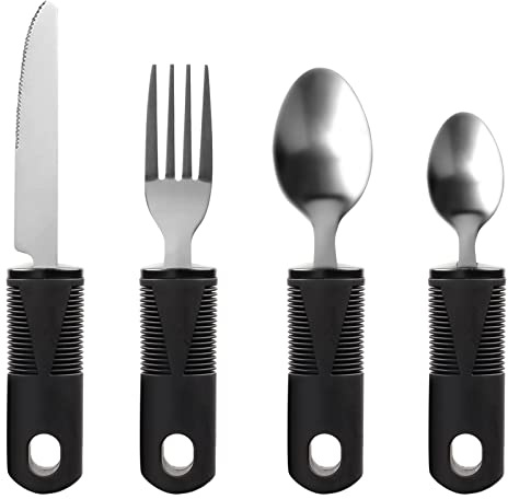 Jetisva Easy Grip Cutlery Set of 4 Black Disability Aids with Knife Fork Spoon Large Wide Handled Arthritis Hands Aids Cutlery Adaptive Eating Drinking Utensils for Disabled People Elderly Parkinson
