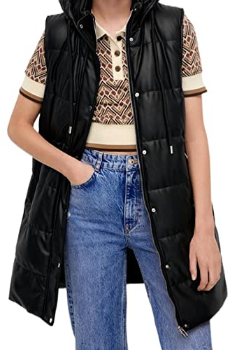 Yassiglia Damen Winter Lange Weste mit Kapuze Ärmellose Stehkragen Daunenweste mit Taschen Verdickte Leichte Steppweste Warme Winterweste Gesteppte Longweste S-XXL (Schwarz PU, S)