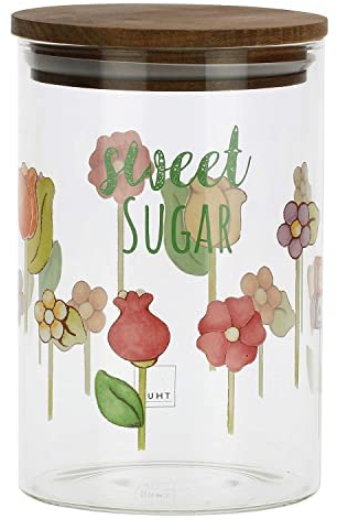 THUN, Barattolo per Zucchero in Vetro Decorato con Motivi Floreali e Tappo in Legno d'Acacia, Linea Happy Country, Ø 10 cm, 15 cm h, 900 ml