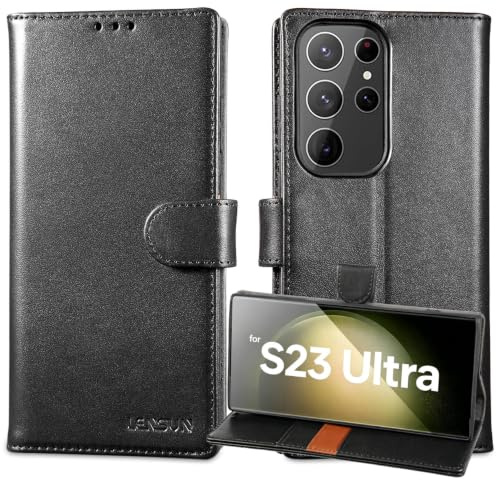 LENSUN Echtleder Hülle für Samsung Galaxy S23 Ultra, Handyhülle [Echtes Leder] [Kartenfach] [RFID Schutz] Lederhülle Handytasche Klappbar für Galaxy S23 Ultra 5G-Schwarz