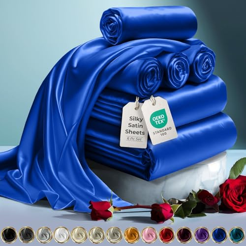 DECOLURE Satin Bed Sheets - 6 Piece Luxury Silky King Size Bedding Set - Softer Than Silk, Wrinkle-Free with 15” Deep Pocket Fitted Sheet, Perfect for Hair & Skin, Gifts for Women (Blue)